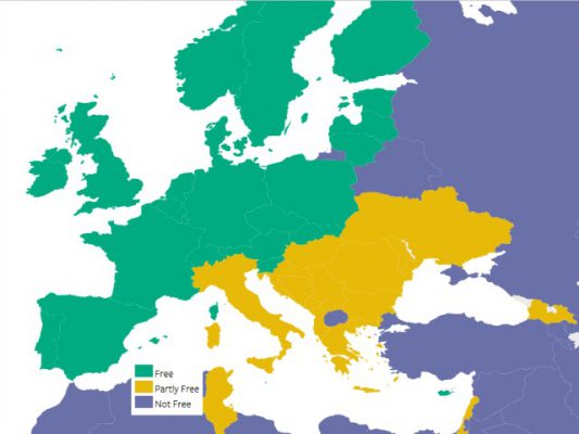 Harta që tregon lirinë e medias në Europë. Foto: Freedom House